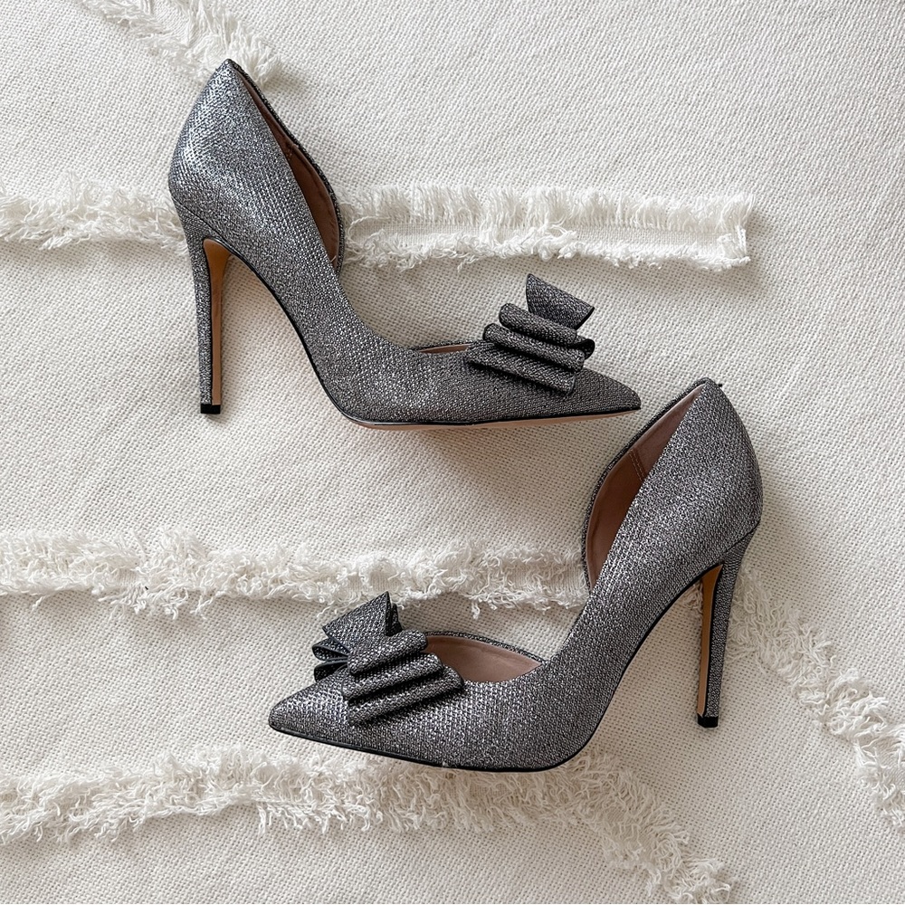Betsy’s Johnson metallic heels with bow prince d’orsay evening pumps